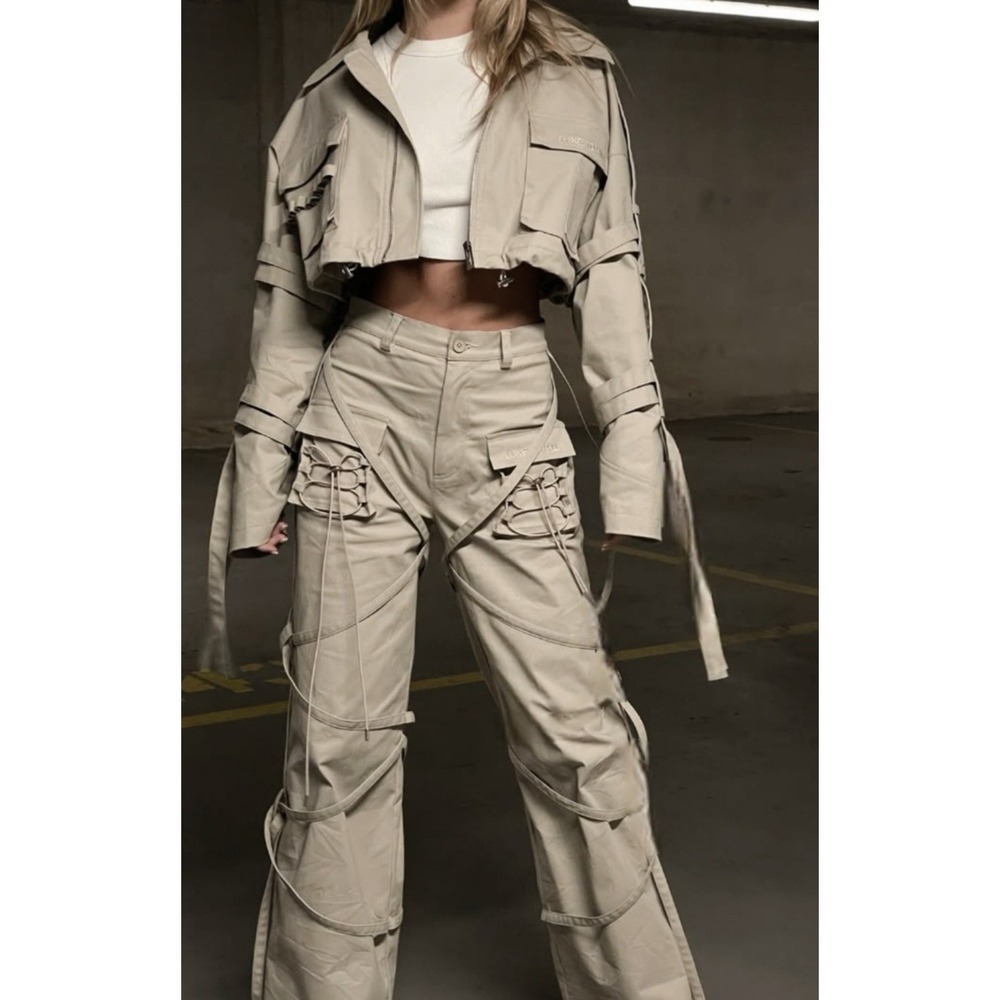 Luxe To Kill UK Streetwear Set Tan Strappy Cargo Jacket & Pants Hip Hop Sz 2 NWT